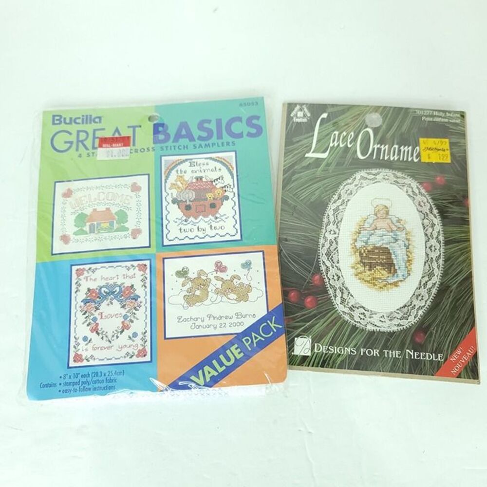 Bucilla 4 Stamped Cross Stitch Samplers Welcome Ark Love Bonus Baby Ornament NEW